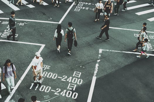 Aerial view of people crossing a busy intersection in Taipei